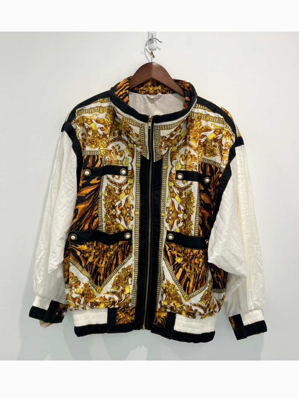GIACCA Sport Vintage Windbreaker White, Black & Gold Baroque Bomber Jacket